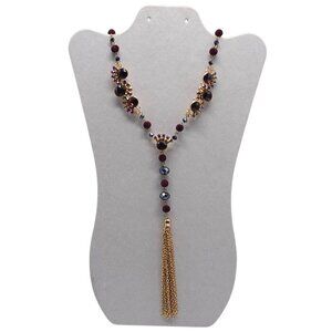 Elegant Gold Chain Necklace  Red Beads Rhinestones Tassel Pendant Adjustable